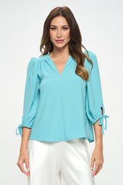 Women's Solid V-Neck Blouse with Self Tie Sleeves