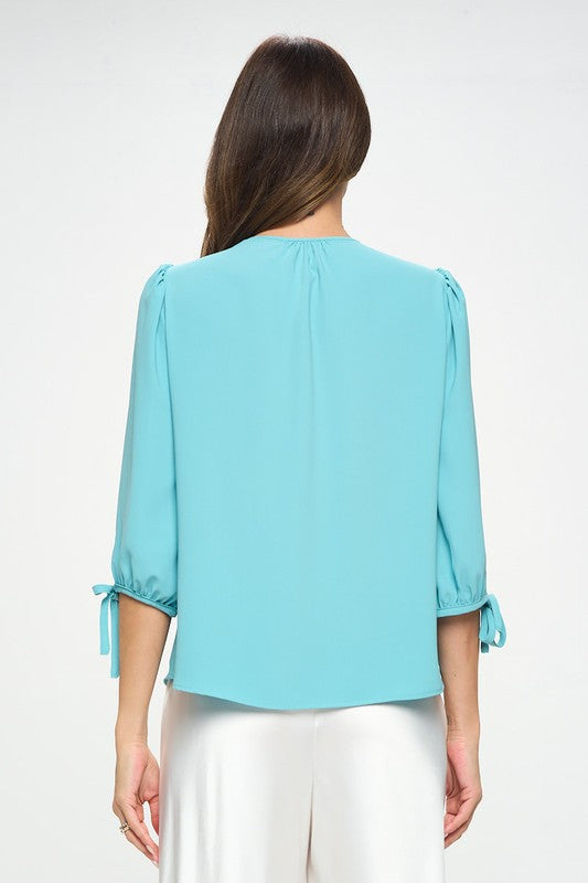 Women's Solid V-Neck Blouse with Self Tie Sleeves