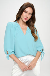 Women's Solid V-Neck Blouse with Self Tie Sleeves