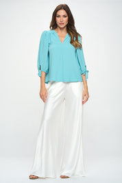 Women's Solid V-Neck Blouse with Self Tie Sleeves