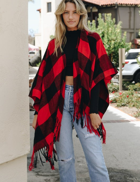 Women's Buffalo Check Tassel Poncho