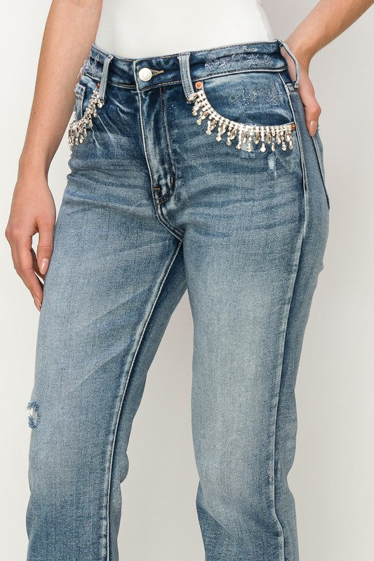 Women's High Rise Crystal Embellished Crop Straight Jeans