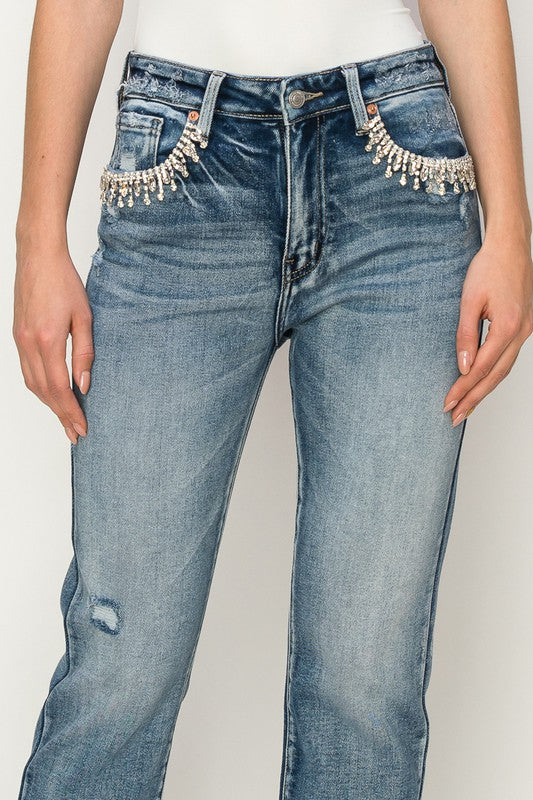 Women's High Rise Crystal Embellished Crop Straight Jeans