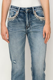 Women's High Rise Crystal Embellished Crop Straight Jeans