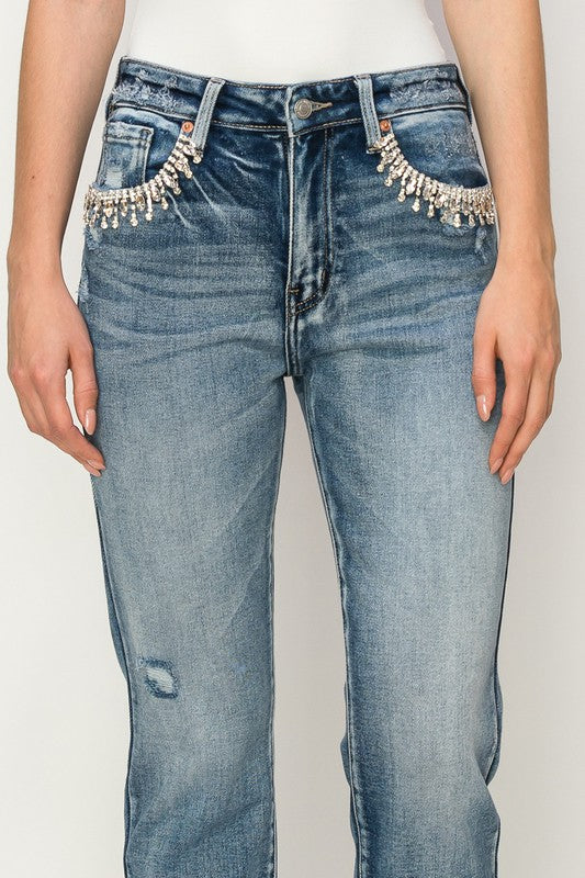 Women's High Rise Crystal Embellished Crop Straight Jeans