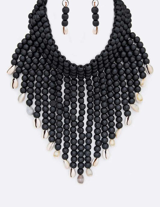 Shell Tip Statement Color Wooden Necklace Set