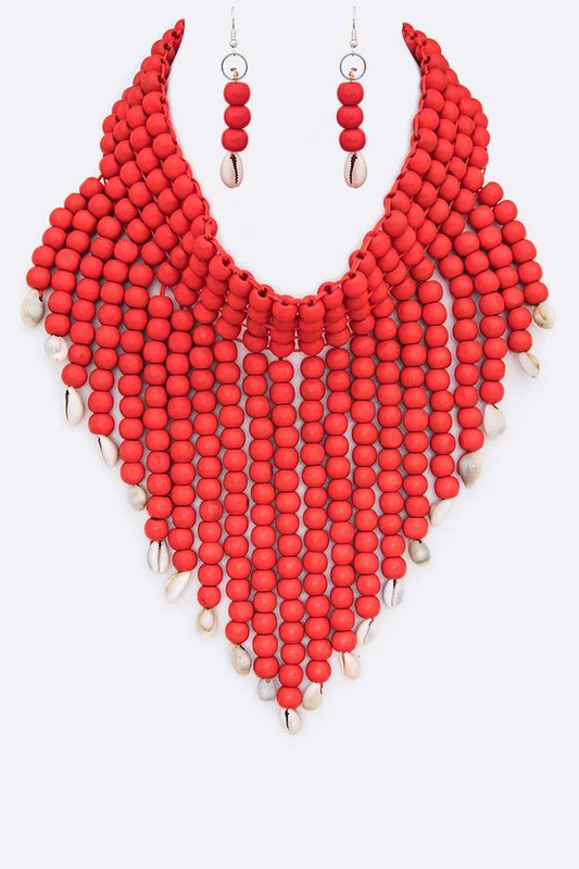 Shell Tip Statement Color Wooden Necklace Set