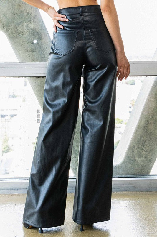 Women's Vegan Leather Wide Leg Pants