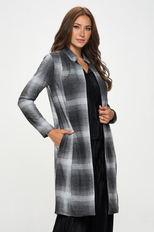 Women's Casual Plaid Open Front Coat with Collar