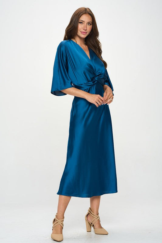 Women's A-Line Satin Stretch Maxi Dress with Front Twist