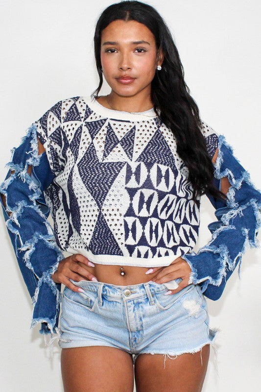 Women's Cropped Knit Denim Top with Star Sleeve Detail