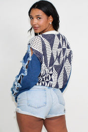 Women's Cropped Knit Denim Top with Star Sleeve Detail