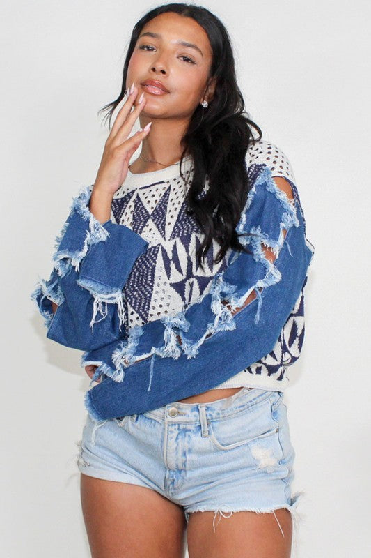 Women's Cropped Knit Denim Top with Star Sleeve Detail