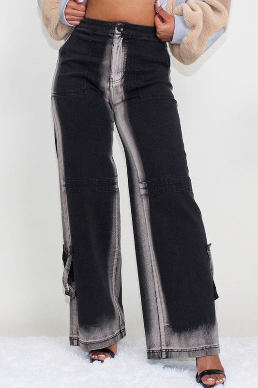 Women's Wide Leg Black and Gray Line Washed Denim Jeans