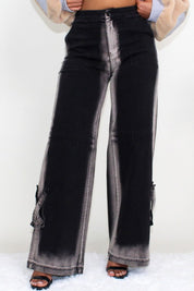 Women's Wide Leg Black and Gray Line Washed Denim Jeans