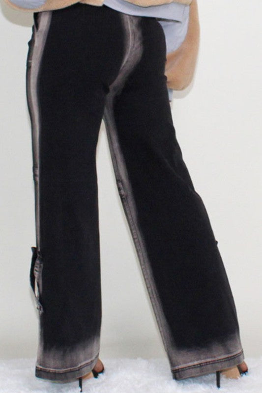 Women's Wide Leg Black and Gray Line Washed Denim Jeans