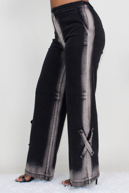 Women's Wide Leg Black and Gray Line Washed Denim Jeans