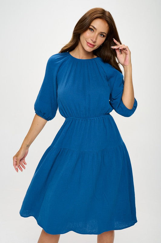 Women's Casual 3/4 Sleeve Cotton Tiered Midi Dress