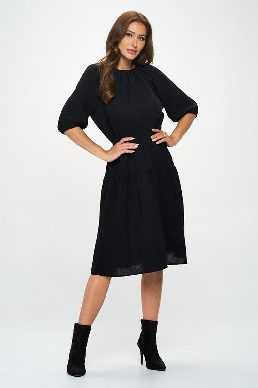 Women's Casual Cotton 3/4 Sleeve Tiered Midi Dress