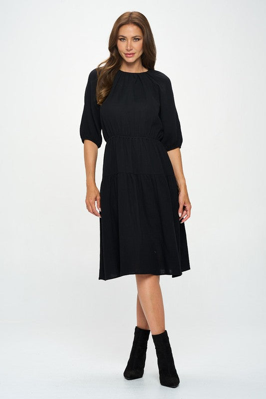 Women's Casual Cotton 3/4 Sleeve Tiered Midi Dress