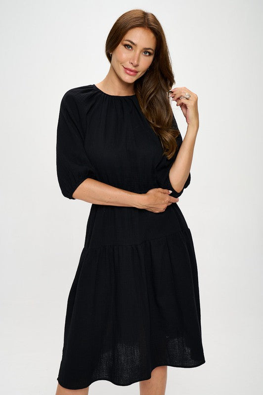 Women's Casual Cotton 3/4 Sleeve Tiered Midi Dress