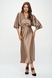 Women's A-Line Satin Stretch Maxi Dress with Front Twist