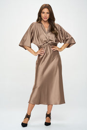 Women's A-Line Satin Stretch Maxi Dress with Front Twist