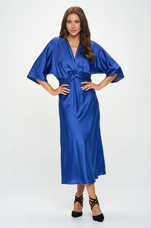 Women's Maxi Satin Stretch Dress with Front Twist