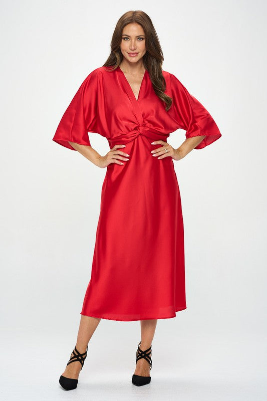 Women's Regular Fit Satin Stretch Maxi Dress with Front Twist