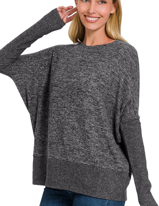 Women's Oversized Dolman Sleeve Brushed Melange Sweater