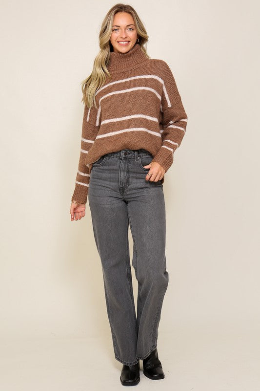 Women's Cozy Turtle Neck Pinstripe Sweater