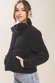 Women's Fitted Corduroy Puffer Jacket with Toggle Detail