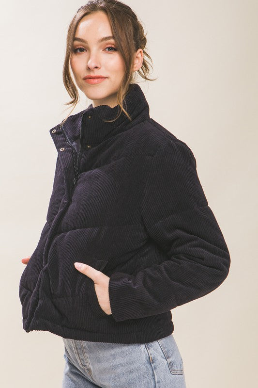 Women's Fitted Corduroy Puffer Jacket with Toggle Detail