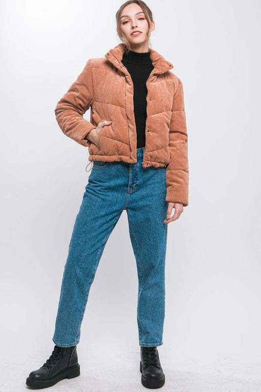 Women's Fitted Corduroy Puffer Jacket with Toggle Detail