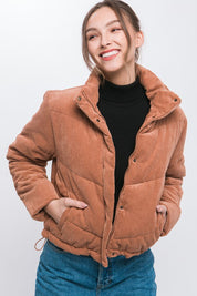 Women's Fitted Corduroy Puffer Jacket with Toggle Detail