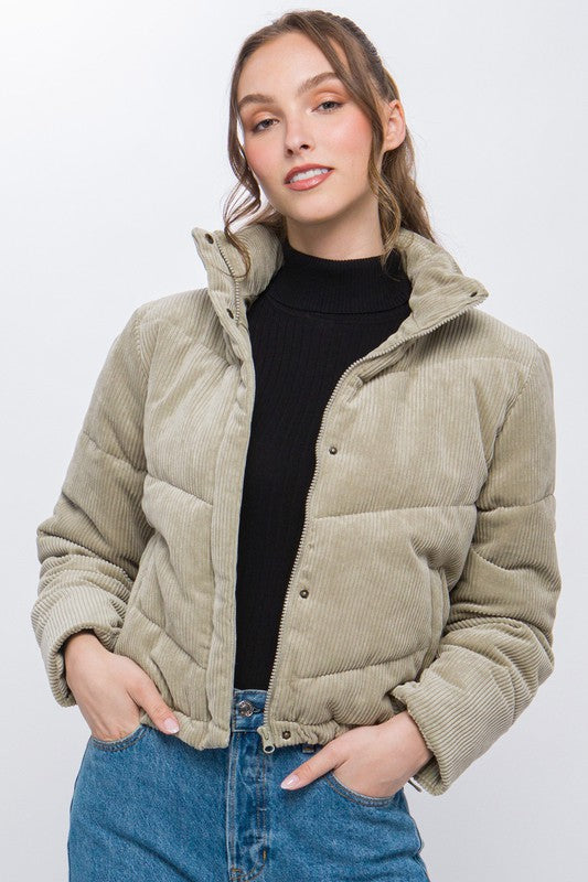 Women's Fitted Corduroy Puffer Jacket with Toggle Detail