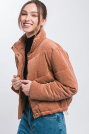 Women's Fitted Corduroy Puffer Jacket with Toggle Detail