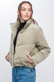 Women's Fitted Corduroy Puffer Jacket with Toggle Detail