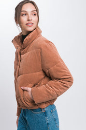 Women's Fitted Corduroy Puffer Jacket with Toggle Detail