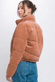 Women's Fitted Corduroy Puffer Jacket with Toggle Detail