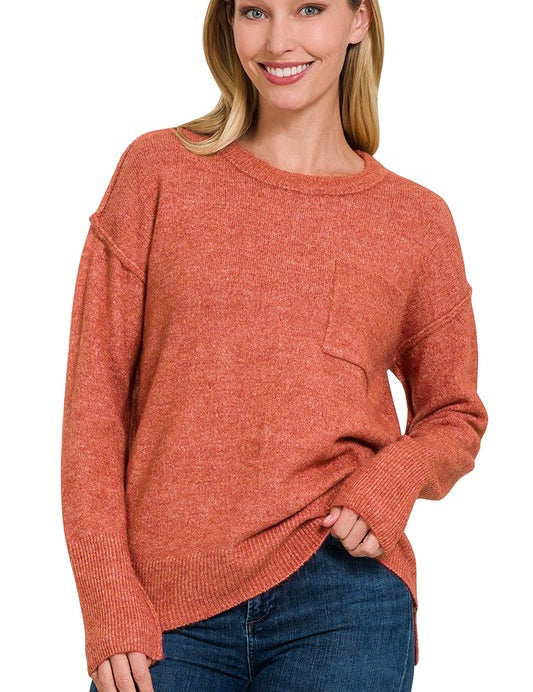 Melange Hi-Low Hem Round Neck Sweater