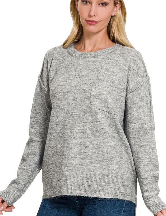 Melange Hi-Low Hem Round Neck Sweater