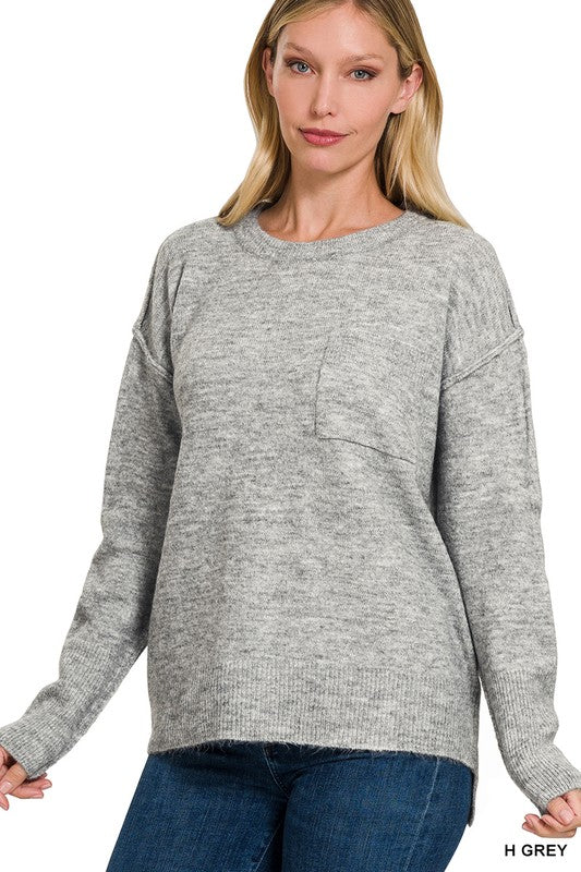 Women's Casual Melange Hi-Low Hem Round Neck Sweater