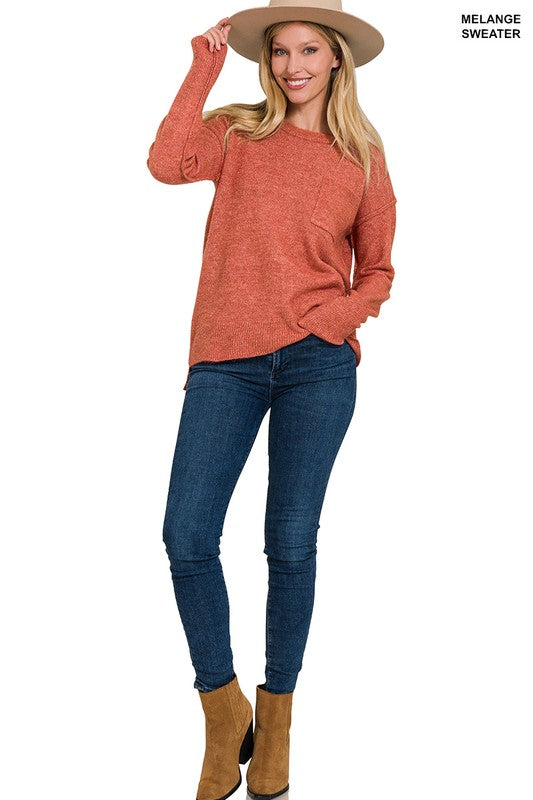 Women's Casual Melange Hi-Low Hem Round Neck Sweater