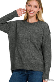 Women's Casual Melange Hi-Low Hem Round Neck Sweater