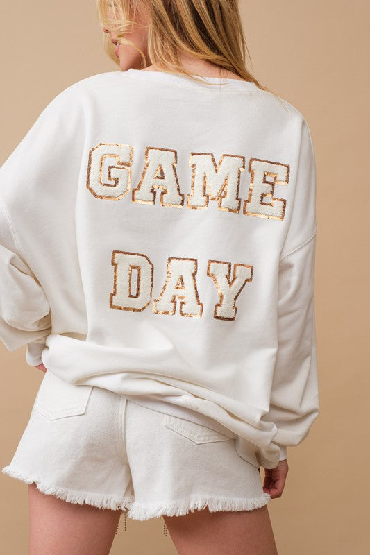 Women's Loose Fit Fleece Terry Football Sequin Sweatshirt