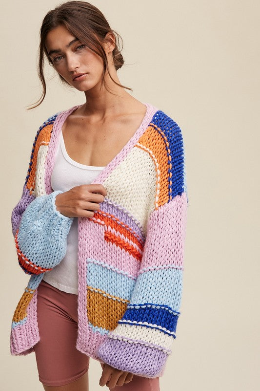 Women's Hand-Knit Multi-Striped Cozy Cardigan