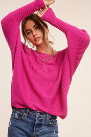 Women's Relaxed Boat Neck Ribbed Knit Sweater