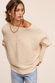 Women's Relaxed Boat Neck Ribbed Knit Sweater