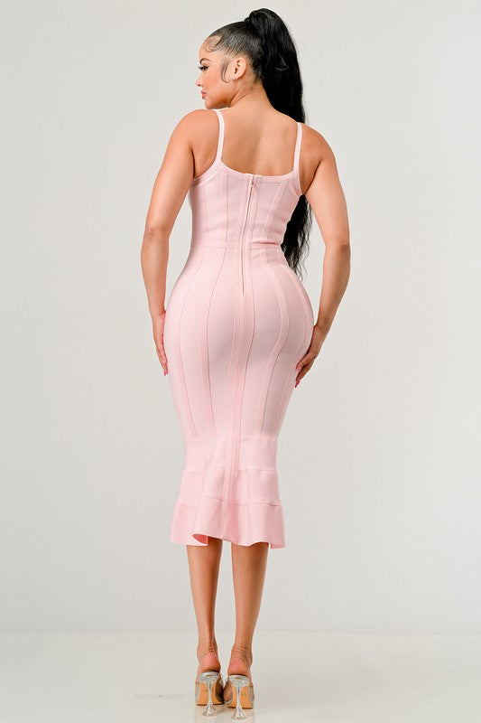 Women's Light Pink Bodycon Midi Dress with Spaghetti Straps